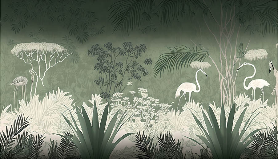 Fotomural estilo vintage flamingos plantas