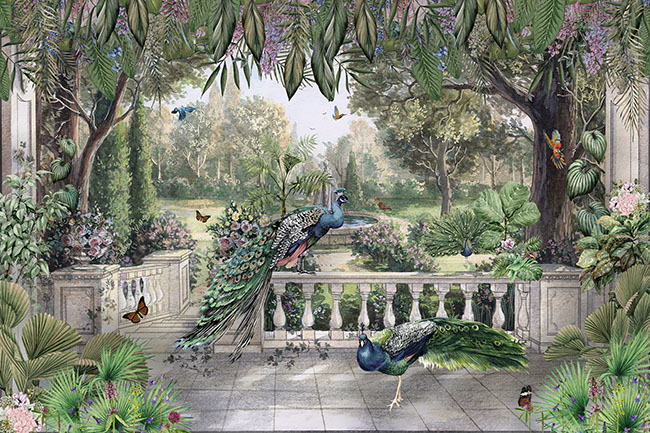 Papel pintado o fotomural dibujo selva y pavos reales