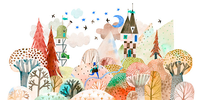 Fotomural o papel pintado acuarela infantil camino castillo