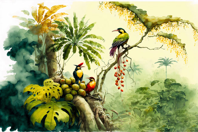 Fotomural o papel pintado acuarela plantas y aves tropicales