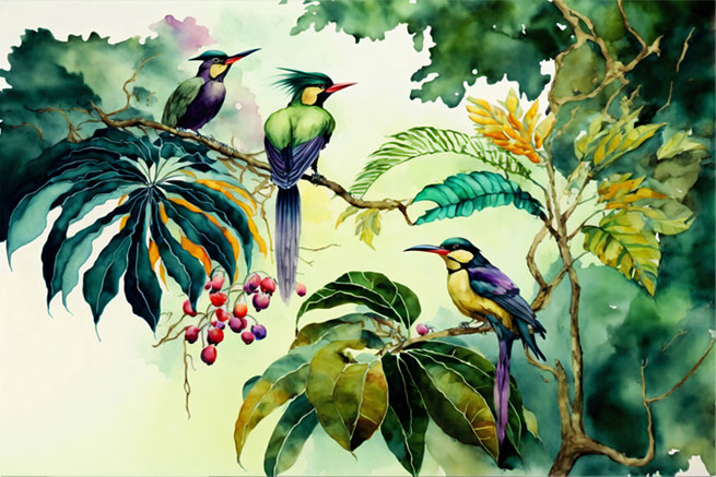 Fotomural o papel pintado aves bosque tropical acuarela