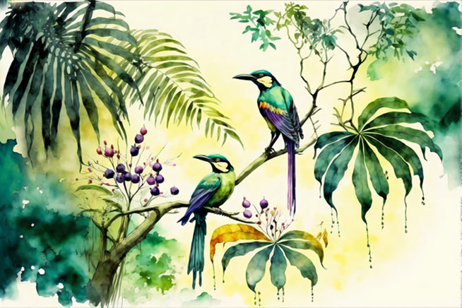 Fotomural o papel pintado árboles y aves tropical acuarela