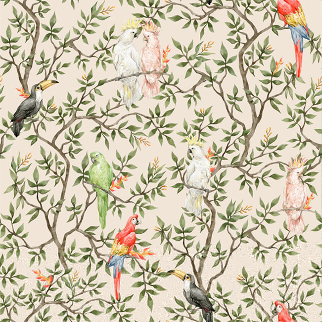 Fotomural o papel pintado aves tropicales en arbol