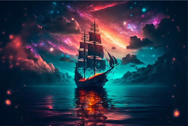 Fotomural o papel pintado barco en fuego en noche estrellada