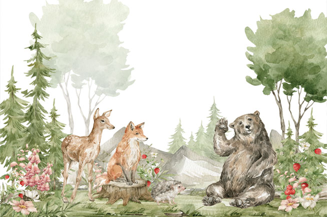 Fotomural o papel pintado bosque con animales acuarela