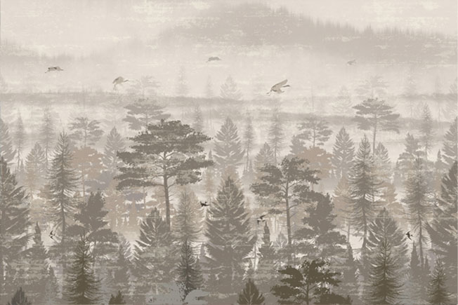 Fotomural o papel pintado bosque con grullas y golondrinas