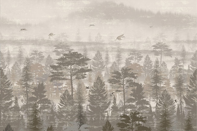 Fotomural o papel pintado bosque con grullas y golondrinas