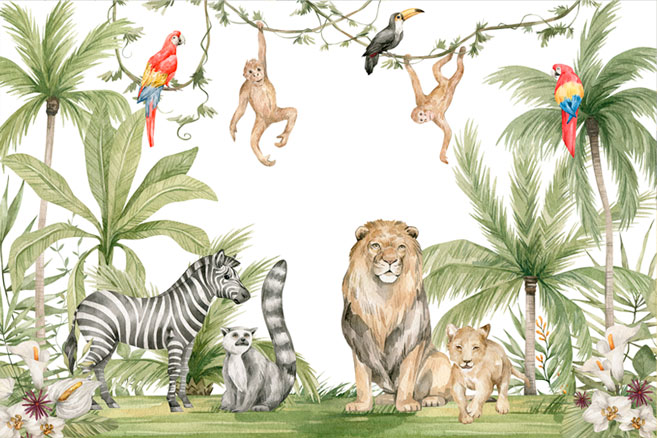 Fotomural o papel pintado de selva tropical animales estilo acuarela