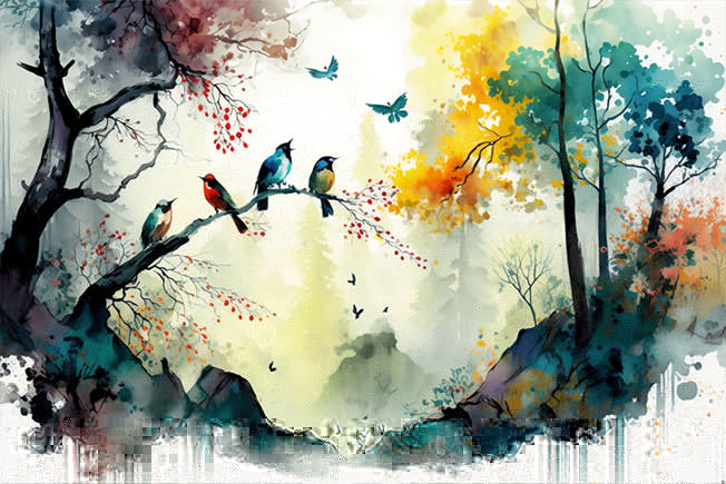 Fotomural ilustración paisaje acuarela árboles y aves