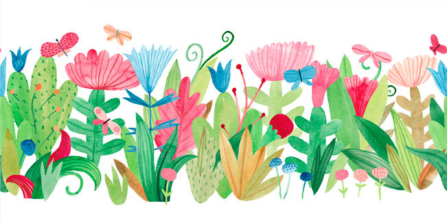 Fotomural o papel pintado dibujo acuarela flores y mariposas