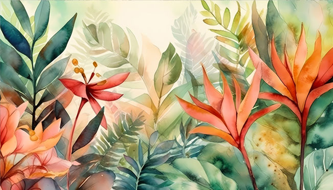 Fotomural o papel pintado dibujo acuarela flores y plantas tropicales