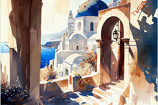 Fotomural o papel pintado dibujo acuarela paisaje isla griega