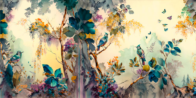 Fotomural o papel pintado acuarela selva tropical aves y mariposas