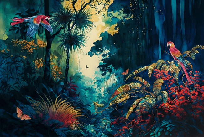 Fotomural o papel pintado acuarela selva tropical con guacamayos