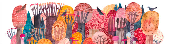 Fotomural o papel pintado dibujo árboles y pájaros acuarela