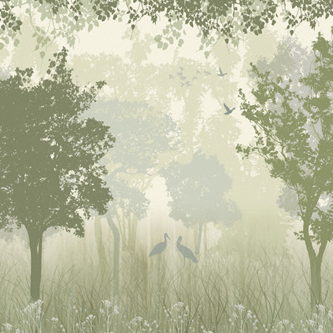Fotomural o papel pintado dibujo bosque y grullas