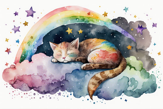 Fotomural infantil gato mágico con estrellas y arcoiris