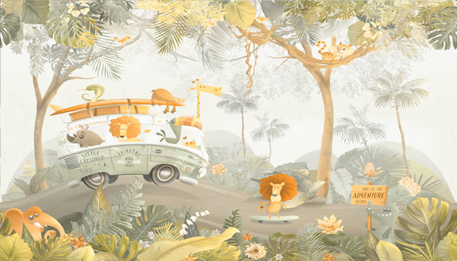 Fotomural o papel pintado dibujo infantil animales en furgoneta