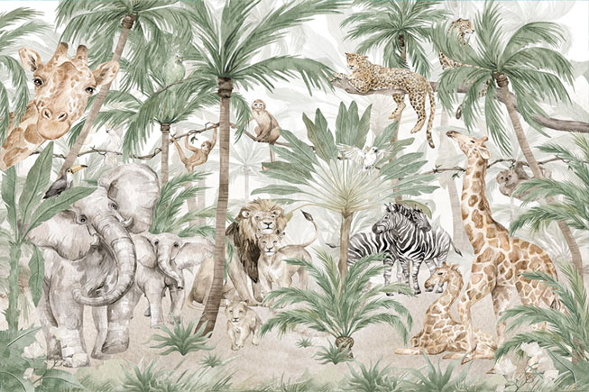 Fotomural o papel pintado dibujo infantil animales selva tropical