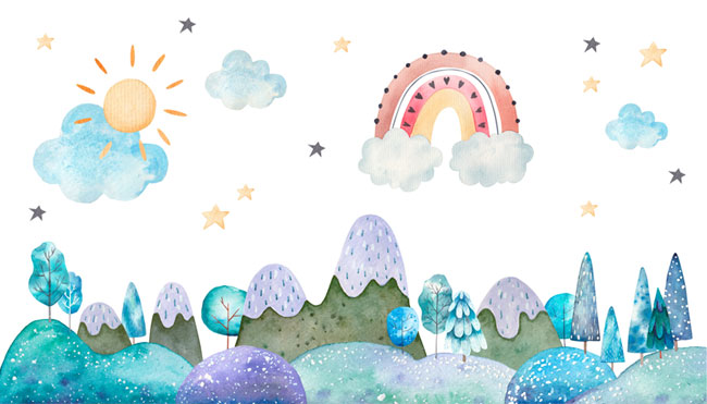 Fotomural  infantil collage acuarela montañas cielo estrellas y arcoíris