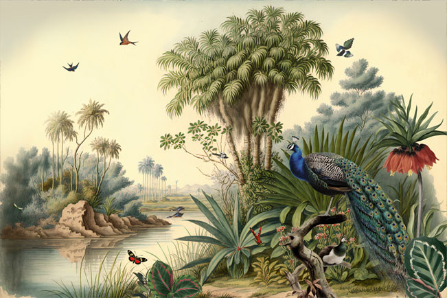 Fotomural o papel pintado dibujo lago pavo real flores