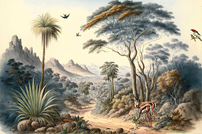 Fotomural o papel pintado dibujo paisaje aves bosque y montañas