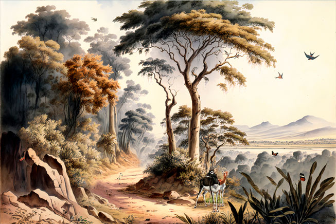 Fotomural o papel pintado dibujo paisaje bosque y montañas