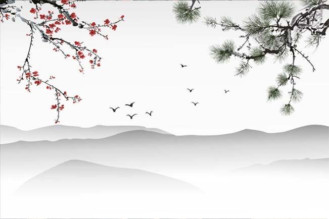 Fotomural o papel pintado paisaje montañas aves y flores de cerezo