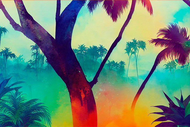 Fotomural o papel pintado dibujo paisaje tropical colorido