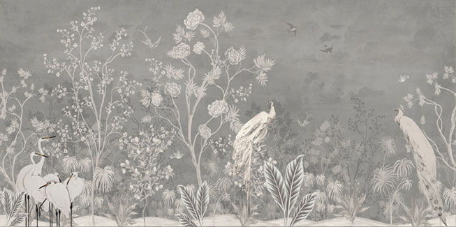 Fotomural o papel pintado dibujo plantas aves garzas plata