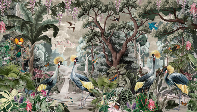 Fotomural o papel pintado dibujo vintage bosque flores y aves