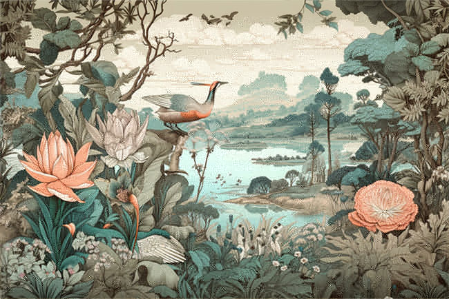Fotomural dibujo vintage grulla lago