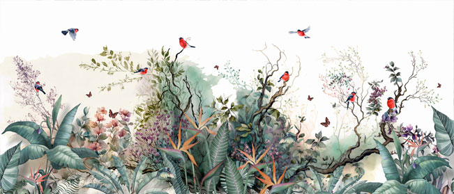 Fotomural o papel pintado vintage flores y aves tropicales
