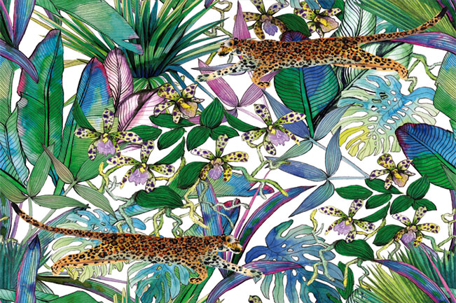 Fotomural o papel pintado flores tropicales leopardo acuarela