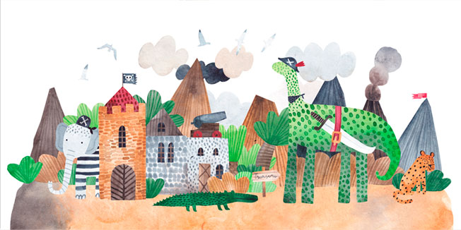 Fotomural o papel pintado ilustración animales en acuarela
