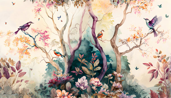 Fotomural o papel pintado ilustración acuarela paisaje colibrí