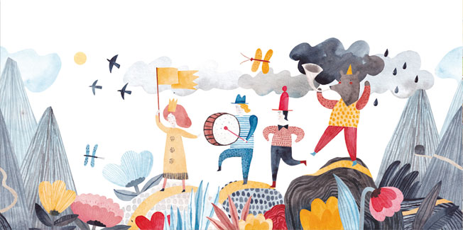 Fotomural o papel pintado ilustración infantil acuarela marcha músicos