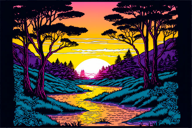 Fotomural o papel pintado ilustración bosque atardecer