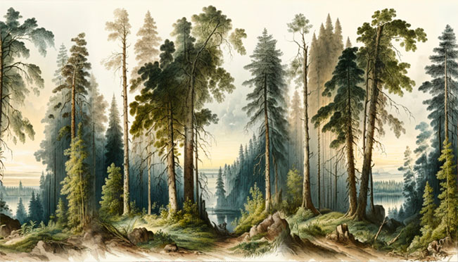 Fotomural o papel pintado ilustración acuarela bosque