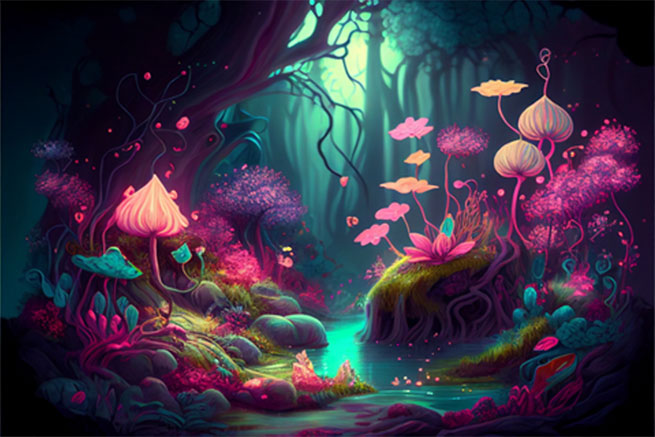 Fotomural o papel pintado ilustración bosque mágico brillante