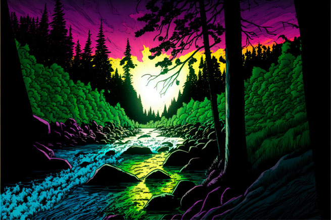 Fotomural o papel pintado ilustración colorida bosque pinos