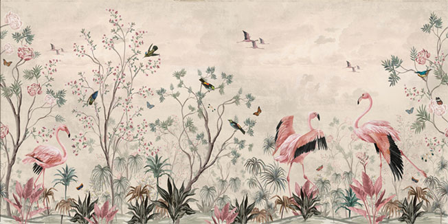 Fotomural o papel pintado ilustración vintage flamingos y flores