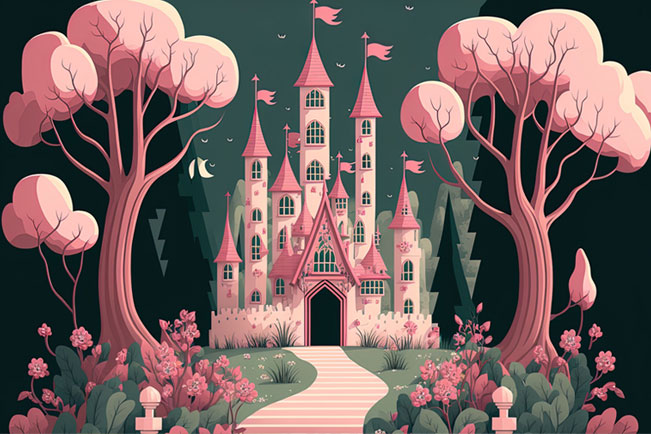 Fotomural o papel pintado infantil  ilustración castillo rosa