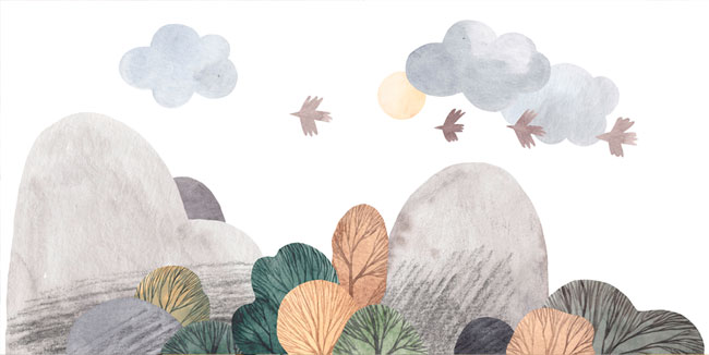 Fotomural ilustración infantil  en acuarela montañas y aves