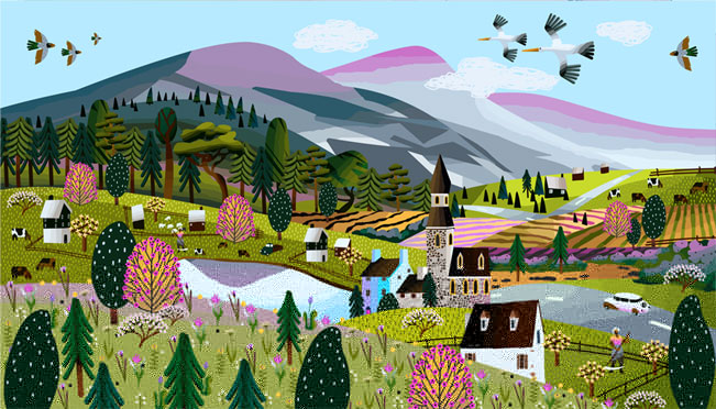 Fotomural o papel pintado ilustración pueblo infantil