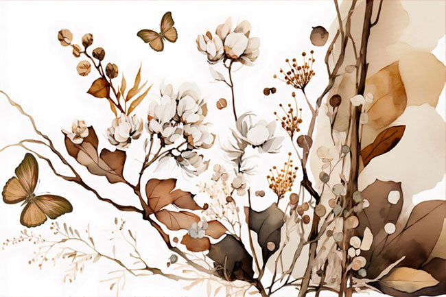 Fotomural o papel pintado acuarela mariposas y plantas