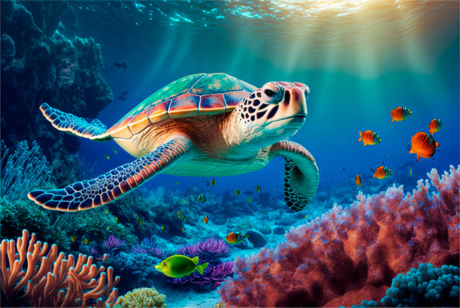 Fotomural o papel pintado paisaje marino con tortuga primer plano