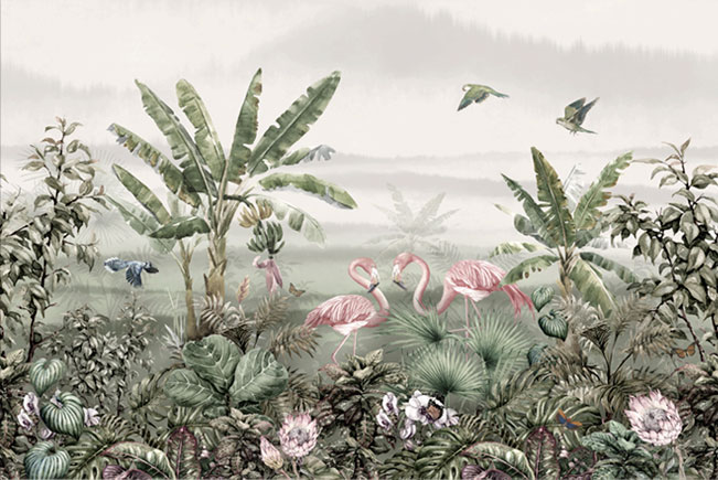 Fotomural o papel pintadopaisaje tropical con flamingos