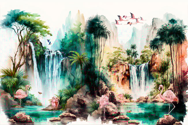 Fotomural o papel pintado ilustración paraiso tropical con flamingos