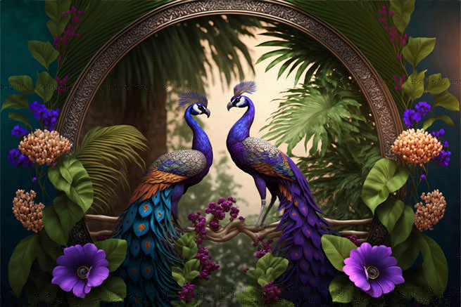 Fotomural o papel pintado ilustración pareja pavo real y flores